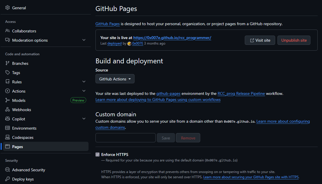 Pages and deployment settings